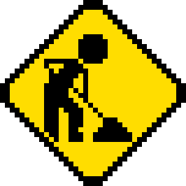 A pixelated stick figure shovels pixelated dirt rapidly into the air where it disappears off screen. The figure and dirt are black on a diamond shaped yellow background with a thin black border, imitating a road construction sign. Similar images were used in the 1990's on web sites to indicate they were under construction.